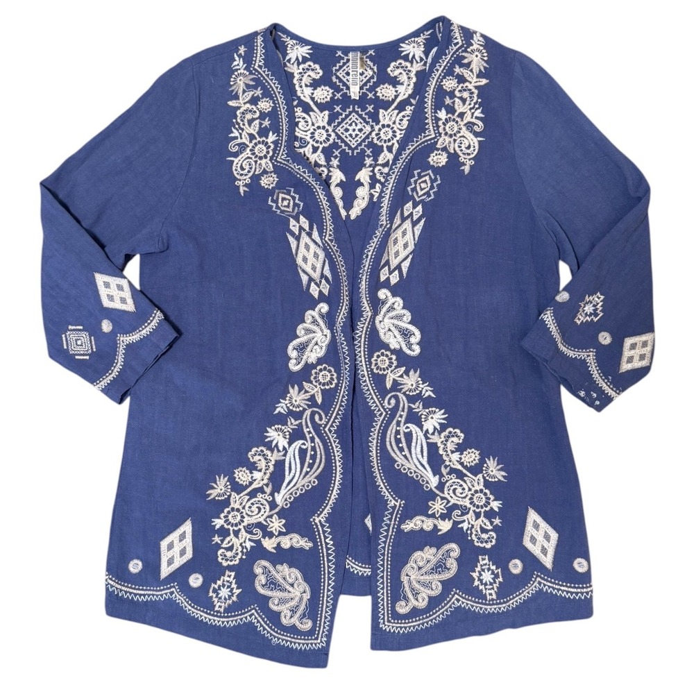 Monoreno Blue 100% Linen Embroidered Open Front Cardigan Jacket Womens L